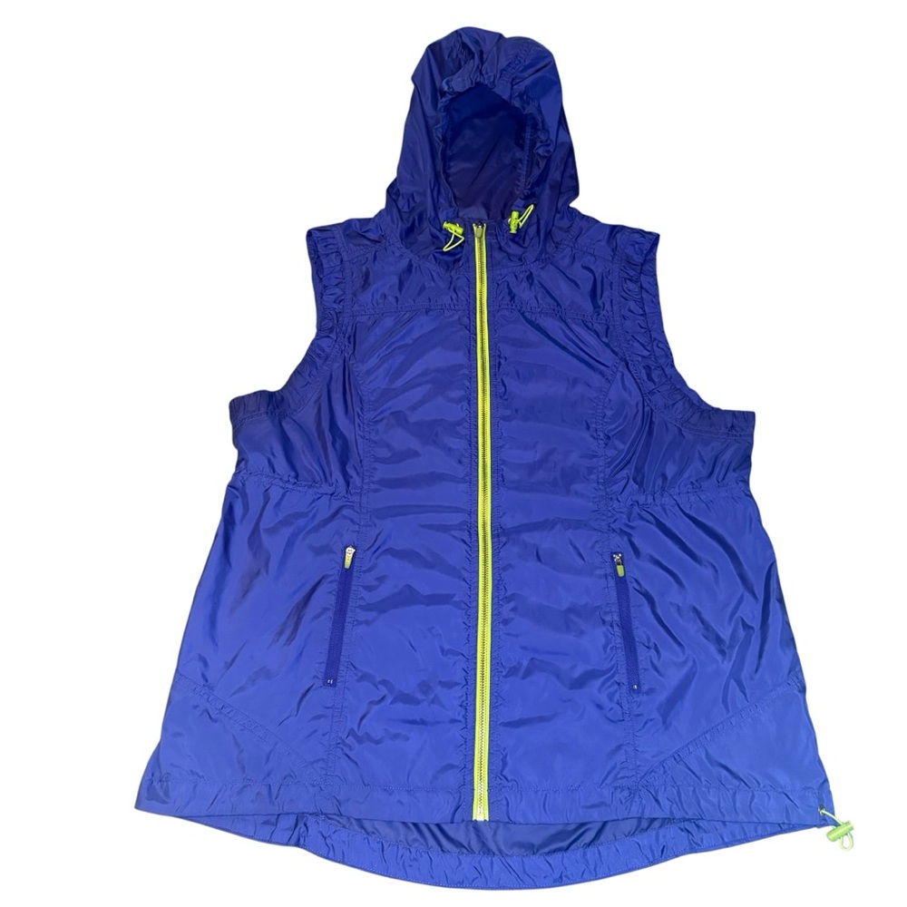 Womens Large Blue Hooded Windbreaker Vest Lightweight Zip Up Running Athleisure